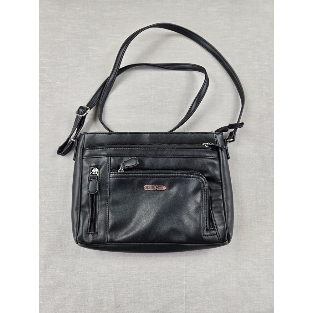 MultiSac Black Vegan Leather Multi-Pocket Crossbody Bag Adjustable Strap